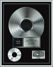 Multi-Platinum Sales Award. Platinum Or Silver Vinyl Or CD Prize Award With Label In Black And Silver Frame. Vector Illustration.