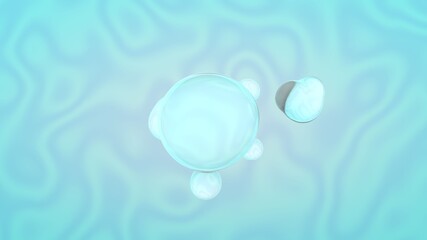 Poster - 3d rendering of a blue wavy background with a large transparent sphere and small drops that merge with it. Chemical, abstract background, desktop screensaver.