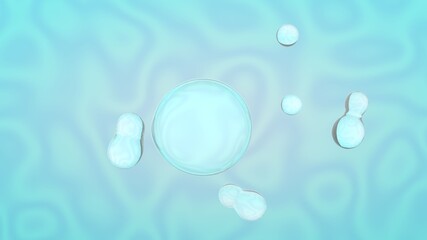 Poster - 3d rendering of a blue wavy background with a large transparent sphere and small drops that merge with it. Chemical, abstract background, desktop screensaver.