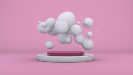 Poster - 3d rendering of a pink studio and a lot of white milk drops merging and randomly arranged in the space above the podium. Abstract composition, futuristic design. Household chemicals.