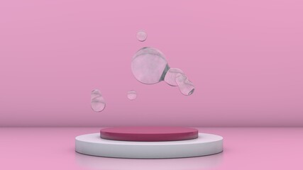 Poster - 3d rendering of transparent water drops in the space of a pink studio above the podium. An idea for advertising household chemicals and cosmetics.
