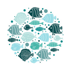 Wall Mural - Cute fish card. Around motif with fish.