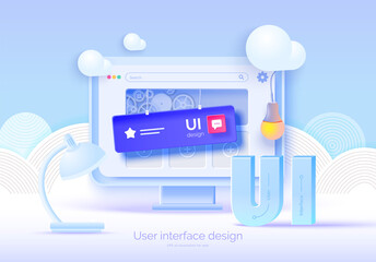 Poster - Mockup 3D monitor with user interface elements for web design Software creator. User interface, user experience design. A set of tools for creating UI UX. Web development. Vector illustration 3D style