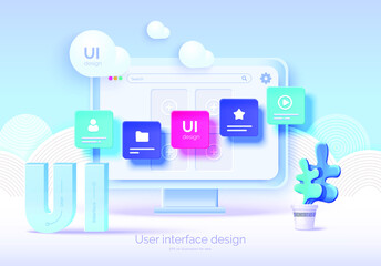 Wall Mural - Mockup 3D monitor with user interface elements for web design Software creator. User interface, user experience design. A set of tools for creating UI UX. Web development. Vector illustration 3D style