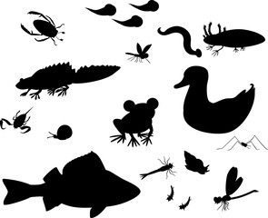Wall Mural - Set of black silhouettes of different cartoon animals living in pond isolated on white background