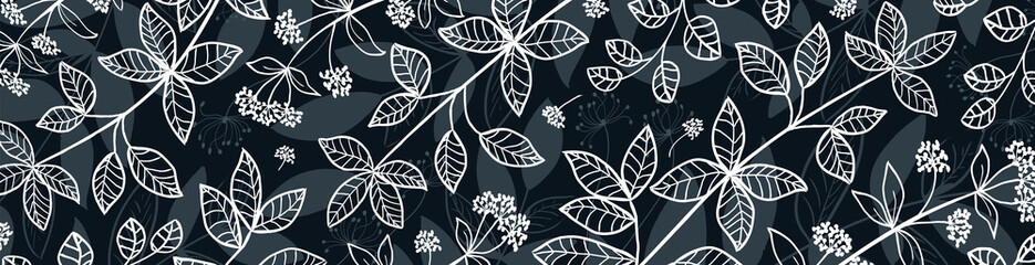 Wall Mural - floral vector banner with leaves, plants. abstract natural elements in doodle style. silhouette of p