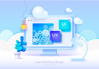 Mockup 3D monitor with user interface elements for web design Software creator. User interface, user experience design. A set of tools for creating UI UX. Web development. Vector illustration 3D style