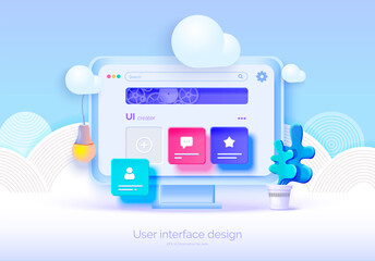 Wall Mural - Mockup 3D monitor with user interface elements for web design Software creator. User interface, user experience design. A set of tools for creating UI UX. Web development. Vector illustration 3D style