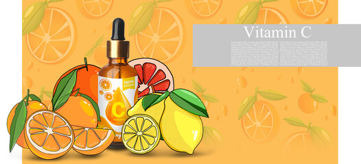 Wall Mural - Citrus essential oil with vitamin C on color background with space for text