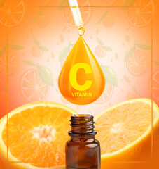 Wall Mural - Orange essential oil with vitamin C on color background