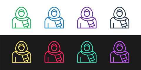 Set line Muslim woman in hijab icon isolated on black and white background. Vector