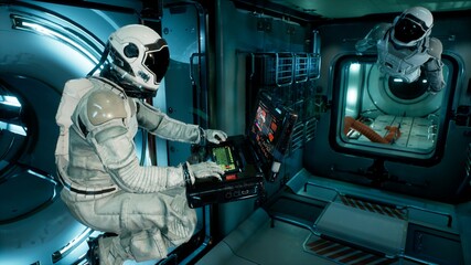 Canvas Print - an astronaut in a spaceship is watching through a porthole for an alien, unexplored planet. 3d rende