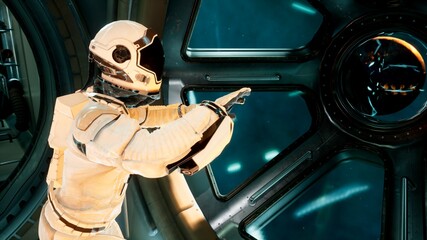 Canvas Print - an astronaut in a spaceship is watching through a porthole for an alien, unexplored planet. 3d rende
