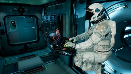 Canvas Print - an astronaut in a spaceship is watching through a porthole for an alien, unexplored planet. 3d rende