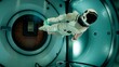 Somewhere in distant space, an astronaut hovers inside his spaceship. 3D Rendering.