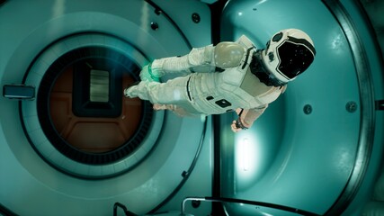 Wall Mural - somewhere in distant space, an astronaut hovers inside his spaceship. 3d rendering.