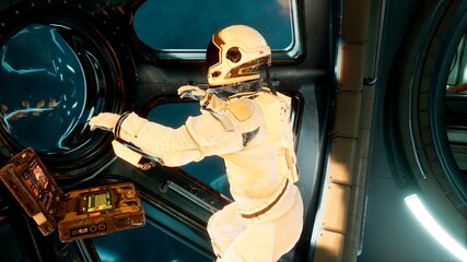 Canvas Print - an astronaut in a spaceship is watching through a porthole for an alien, unexplored planet. 3d rende