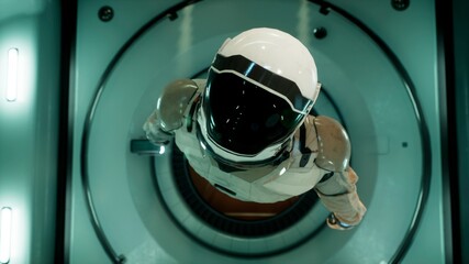 Canvas Print - somewhere in distant space, an astronaut hovers inside his spaceship. 3d rendering.