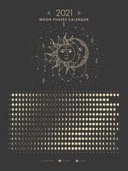 Wall Mural - 2021 moon phases calendar golden moon and sun astronomy vector