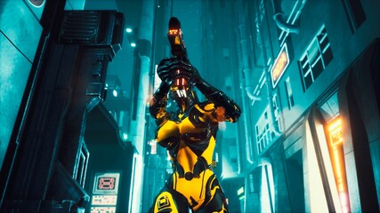 Cyber soldier walks through the dark streets of the cyber city of the future. View of an future fiction city. 3D Rendering.