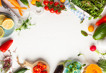 Wall Mural -  Fresh vegetables, fruits, microgreens and herbs for cooking healthy meals at home. Food frame with copy space, top view.