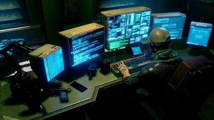 A male hacker surrounded by glowing monitors hacks into someone else's computer network in a dark room of his office. 3D Rendering.