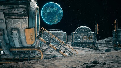 Wall Mural - a view of the surface of another planet, a lunar colony or a space base with space rockets standing 