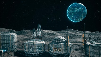 Canvas Print - a view of the surface of an alien planet, a space colony or a lunar base with spaceships standing ne