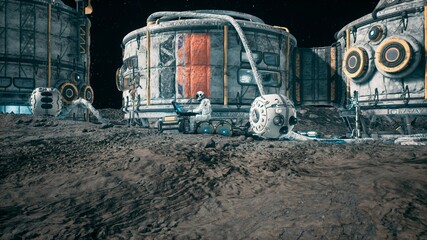 Canvas Print - a view of the surface of an alien planet, a space colony or a lunar base with spaceships standing ne