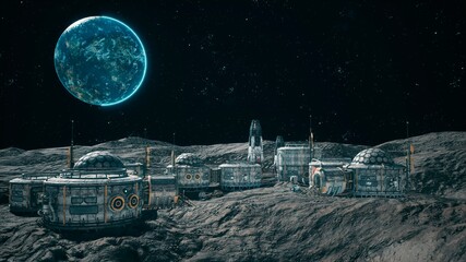 Canvas Print - a view of the surface of an alien planet, a space colony or a lunar base with spaceships standing ne
