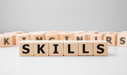 Aufkleber - Word SKILLS made with wood building blocks