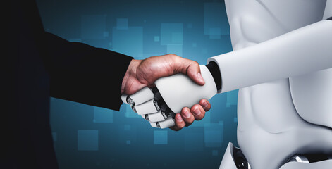 Aufkleber - 3D rendering humanoid robot handshake to collaborate future technology development by AI thinking brain, artificial intelligence and machine learning process for 4th industrial revolution.