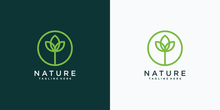 Nature logo design template with creative line art style and circle concept