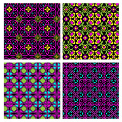 Wall Mural - neon mod rnate seamless geometric and floral tile patterns on black backgrounds