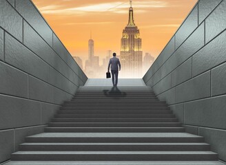 Wall Mural - Businessman climbing up challenging career ladder in business co