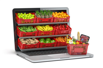 Aufkleber - Grocery food buying online and delivery app concept. Food market in laptop. Computer and crates with fruits and vegetables with shopping basket full of food. 3d illustration