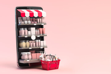 Aufkleber - Cosmetics and beauty products buying online concept. Shopping basket with makeup products and mobile phone as shelf full of cosmetics on pink background.