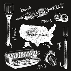 Wall Mural - Set of bbq objects, sketch engraved style, vector illustration