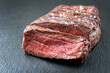 Traditional barbecue dry aged angus sirloin beef steak offered close-up on a black board