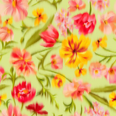 trendy elegant floral seamless pattern. defocused bright garden flowers with large blooming buds. bl