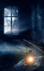 Wall Mural - A dark gloomy room, old concrete walls, windows and open doors. Smoke, smog, fog. Ruined from stones. Night flashlight, fantasy. 3d illustration.