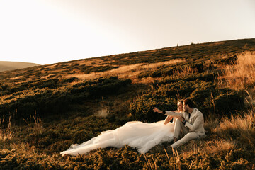 Beautiful young couple in love sit on the grass, bride in white dress, wedding couple