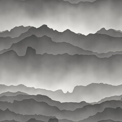 Seamless gray mountains fading into fog. High quality illustration. Gorgeous abstract mountain range print for surface design. Seamless repeat raster jpg pattern swatch. Grey paper texture overlay.