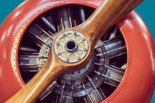 Wooden Propeller, Radial Engine And Orange Cowling Of WWI Fighter Aircraft, Nobody
