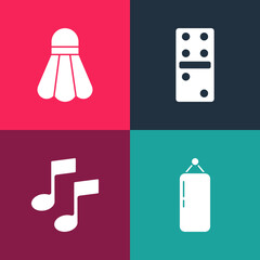 Poster - Set pop art Punching bag, Music note, tone, Domino and Badminton shuttlecock icon. Vector