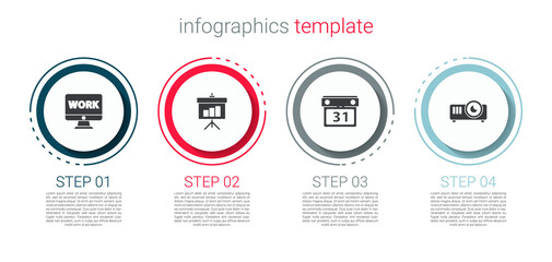 Sticker - Set Monitor with text work, Chalkboard diagram, Calendar and Movie, film, media projector. Business infographic template. Vector