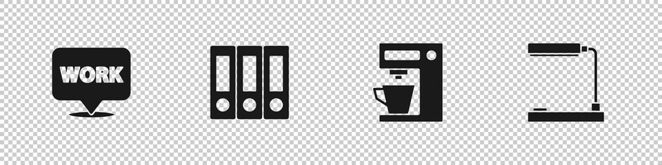 Sticker - Set Location with text work, Office folders, Coffee machine and Table lamp icon. Vector