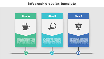 Sticker - Set Coffee cup, Clock and Chalkboard with diagram. Business infographic template. Vector