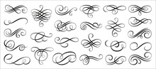Vintage Swirl Ornament, Line Style Flourishes Set. Filigree Calligraphic Ornamental Curls. Decorative Retro Design Elements For Menu, Certificate Diploma, Wedding Invatation Card, Outline Text Divider