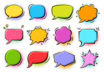 Aufkleber - Cartoon pop art bubbles on color halftone background. Retro sketch speech bubble icon set. Vector design fun comic page dialog text message balloon template shapes. Boom, burst, wow effect empty frame